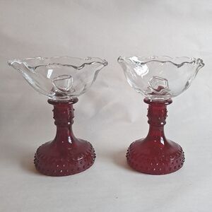 VTG Heisey Candlestick‎ Ruby Red Crystal Waverly 9" Clear Bobeche Candle Holder